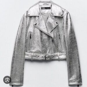 Zara Shimmering Silver Women's Leather Jacket
